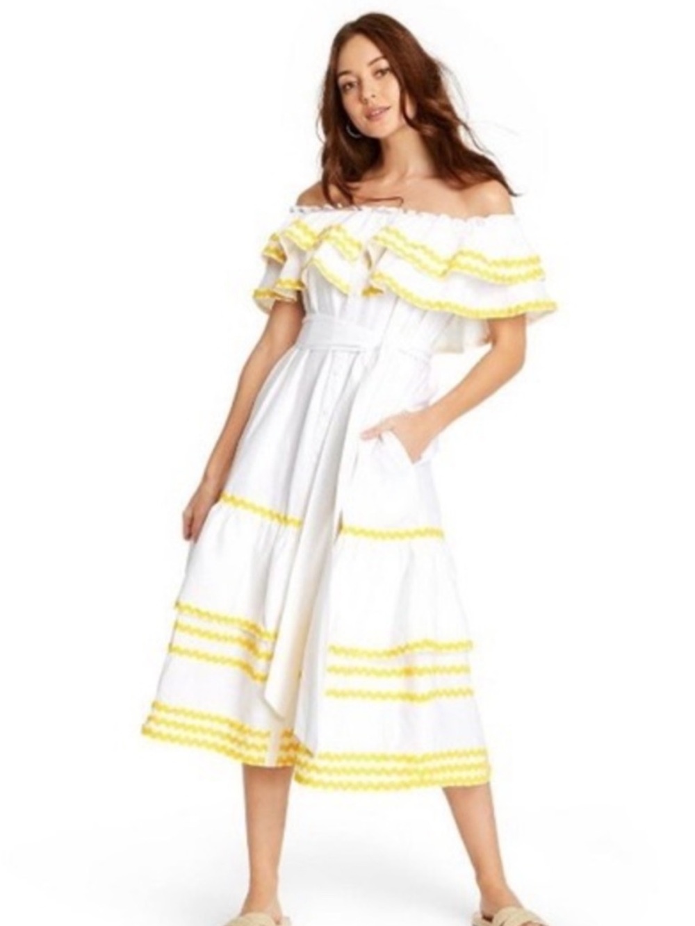Lisa Marie Fernandez Spanish White Off-Shoulder Midi Dress with Yellow Trim